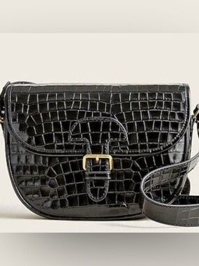 J.Crew Classic large saddle bag in croc-embossed leather BLACK new with tag